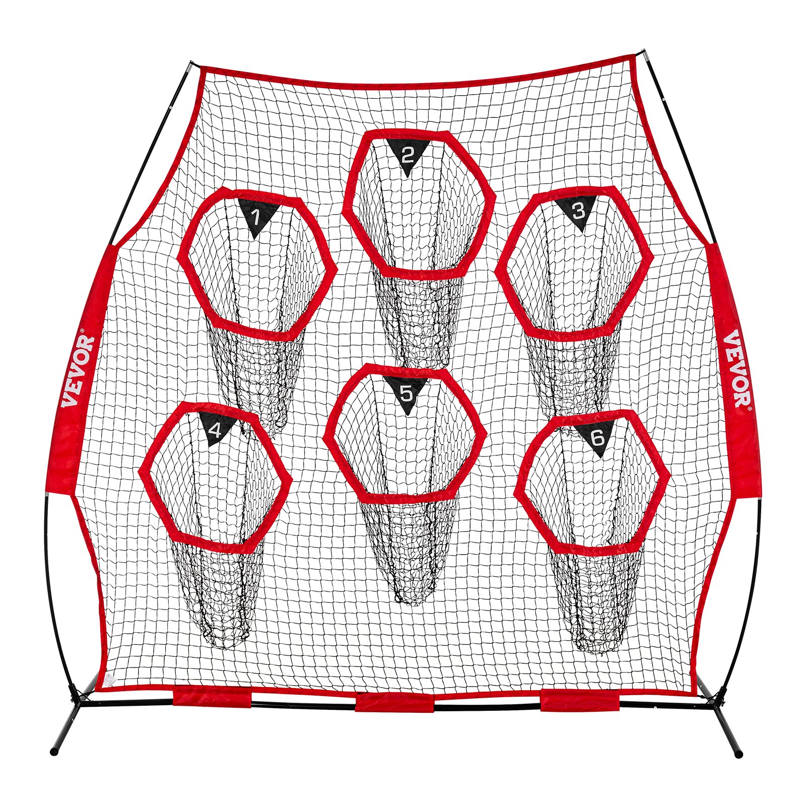 VEVOR 8 x 8 ft Football Trainer Throwing Net, Training Throwing Target Practice Net with 6 Target Pockets, Knotless Net Includes Straps and Portable Carry Case, Improve QB Throwing Accuracy, Red