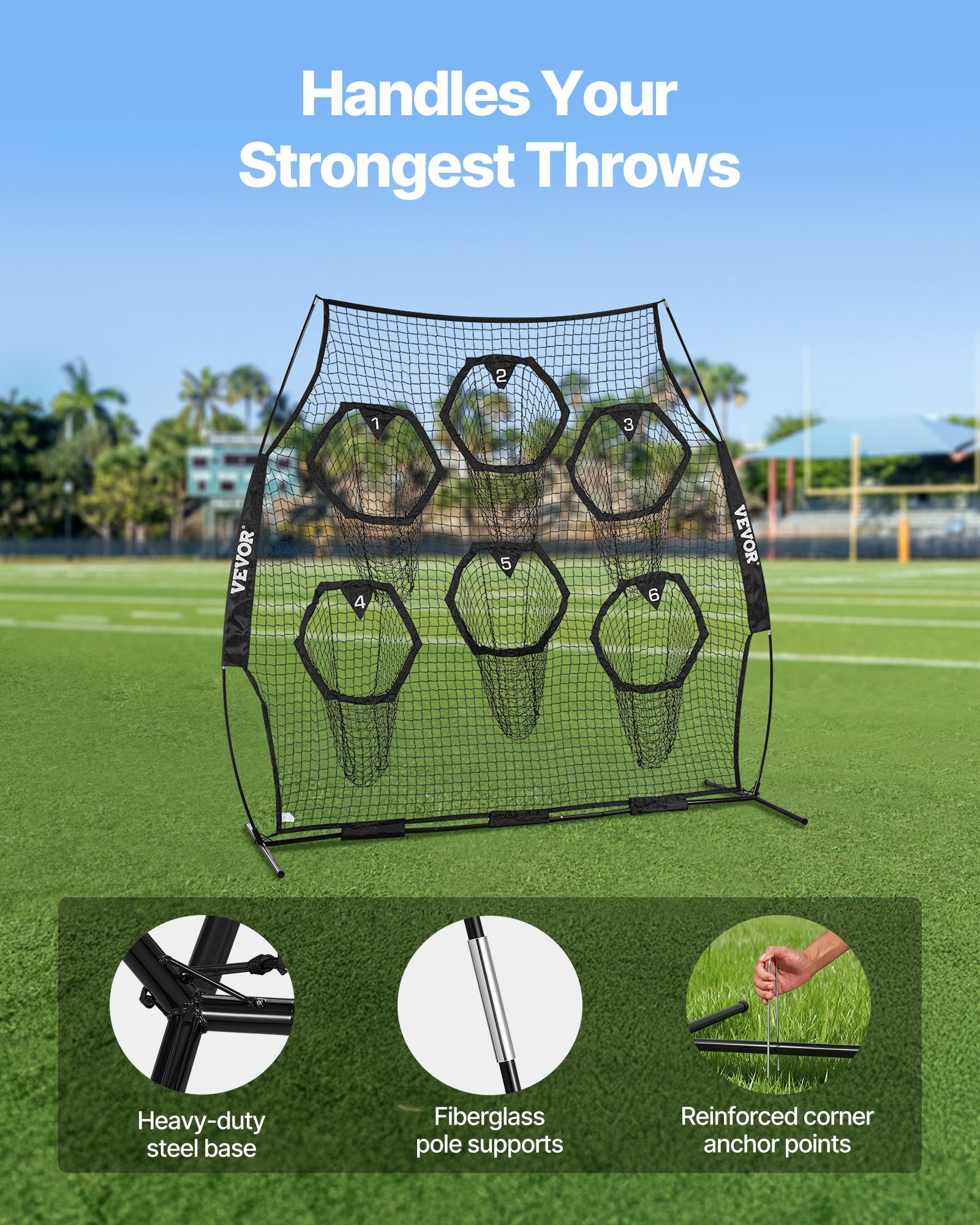 VEVOR 8 x 8 ft Football Trainer Throwing Net, Training Throwing Target Practice Net with 6 Target Pockets, Knotless Net Includes Straps and Portable Carry Case, Improve QB Throwing Accuracy, Black