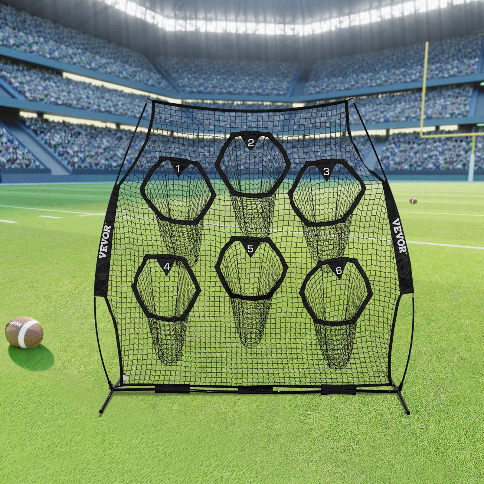 VEVOR 8 x 8 ft Football Trainer Throwing Net, Training Throwing Target Practice Net with 6 Target Pockets, Knotless Net Includes Straps and Portable Carry Case, Improve QB Throwing Accuracy, Black