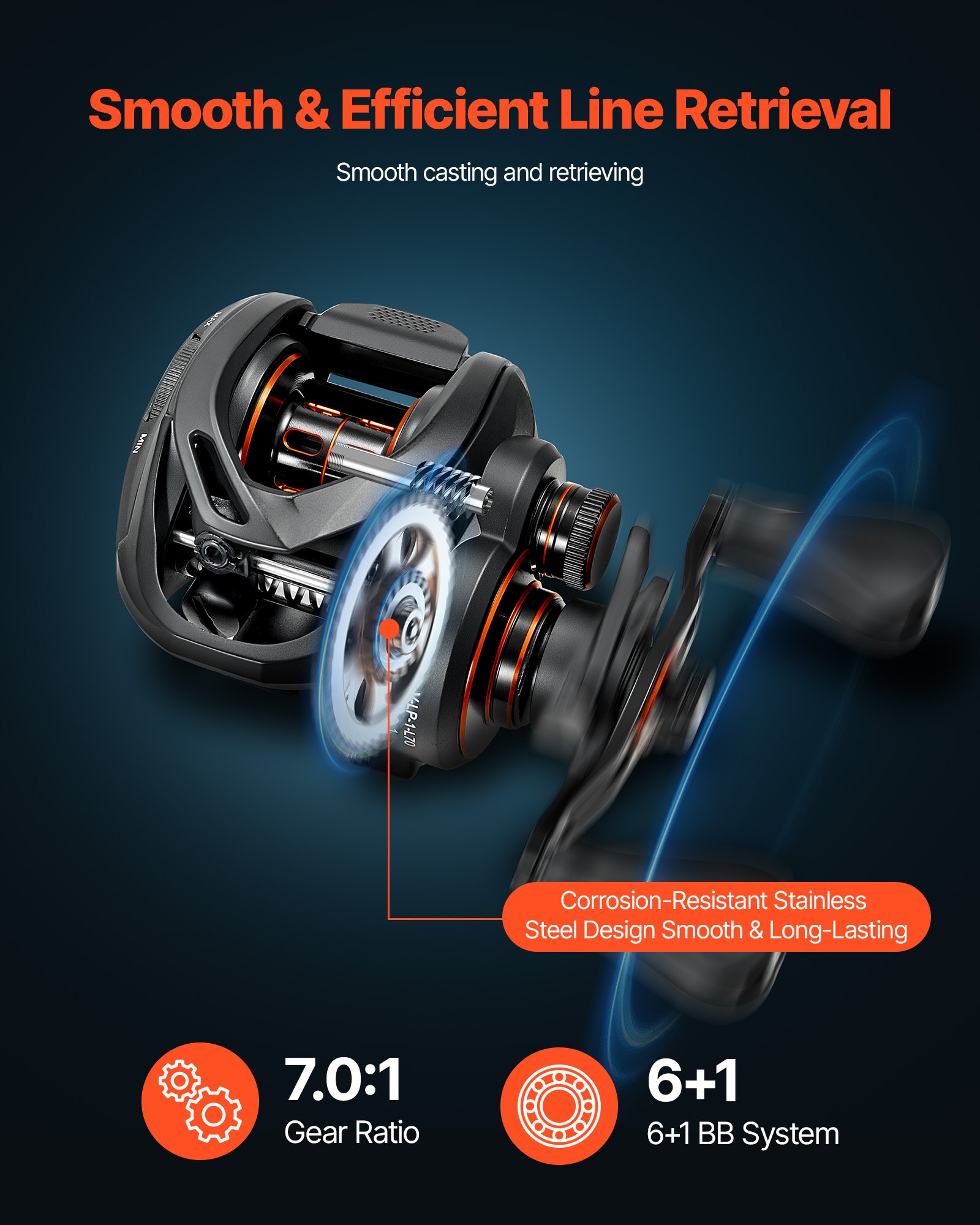 VEVOR hengel- en reelset (baitcasting), 2 meter carbonvezel hengel (IM7), baarshengelset met 6+1 kogellagers, 7.0:1 overbrengingsverhouding en kurken handgreep, linkshandige visset