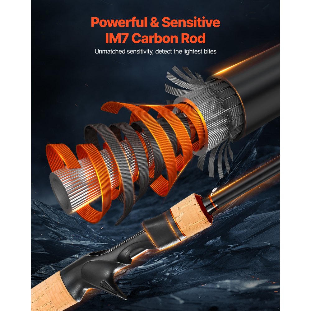 VEVOR Rod and Fishing Reel Combo, IM7 Carbon Fiber Baitcasting Rod and Reel Combo, Bass Fishing Pole with 7+1 BB System, 7.0:1 Gear Ratio, Cork Handle, Stainless Steel Guides with Ceramic Rings