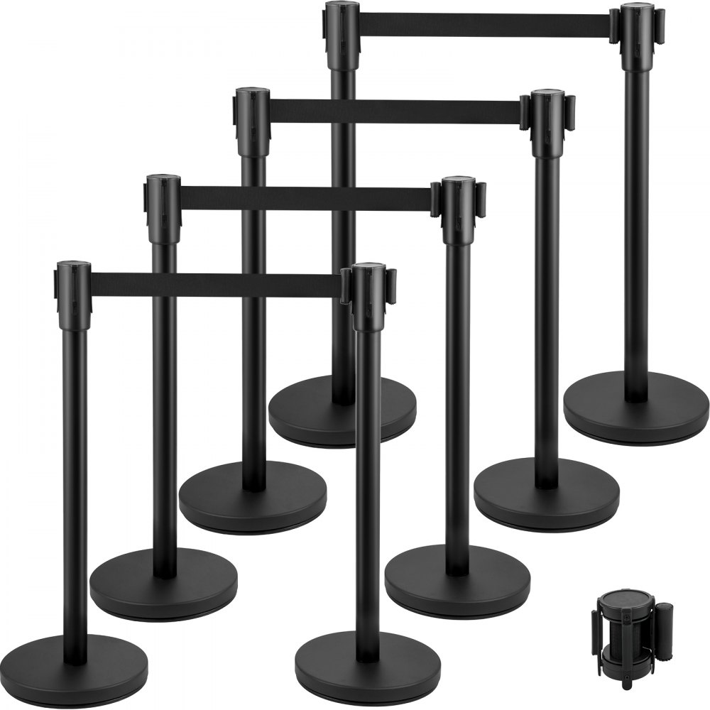 VEVOR crowd control barrier with black retractable belts in a 6-pack set arrangement.