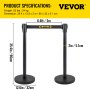 VEVOR Crowd Control Stanchion, Set of 4 Pieces Stanchion Set, Stanchion Set with 6.6 ft/2 m Black Retractable Belt, Black Crowd Control Barrier with Concrete and Metal Base - Easy Connect Assembly