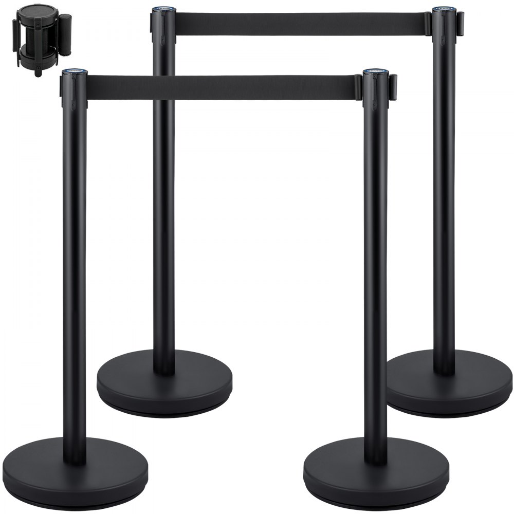 VEVOR Crowd Control Stanchion, Set of 4 Pieces Stanchion Set, Stanchion Set with 6.6 ft/2 m Black Retractable Belt, Black Crowd Control Barrier with Concrete and Metal Base – Easy Connect Assembly