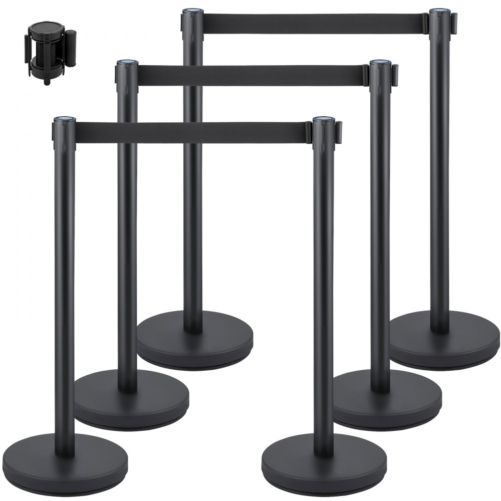VEVOR Crowd Control Stanchion, Set of 6 Pieces Stanchion Set, Stanchion Set with 6.6 ft/2 m Black Retractable Belt, Black Crowd Control Barrier with Concrete and Metal Base – Easy Connect Assembly
