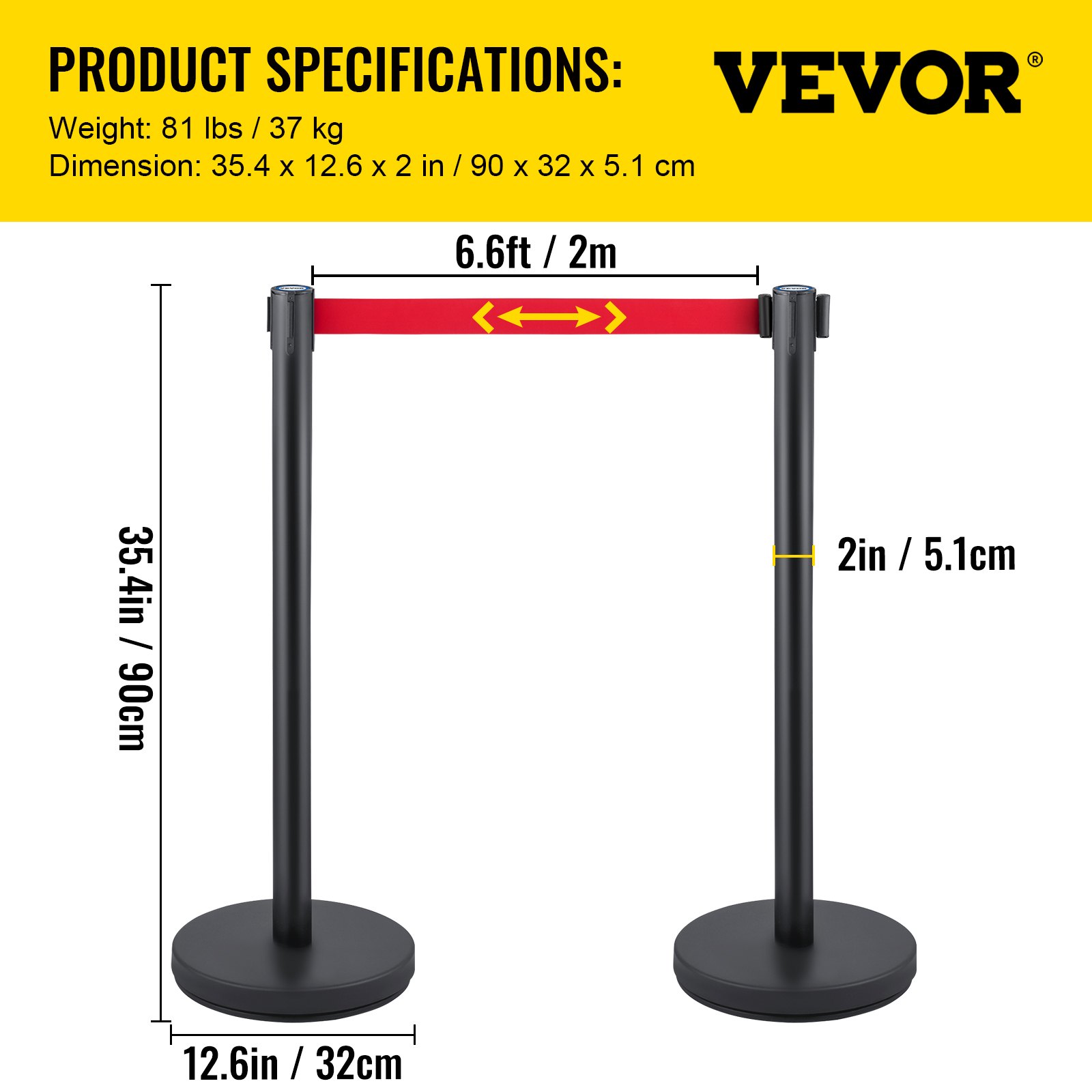 VEVOR Crowd Control Stanchion, Set of 6 Pieces Stanchion Set, Stanchion Set with 6.6 ft/2 m Red Retractable Belt, Black Crowd Control Barrier with Rubber Base – Easy Connect Assembly for Crowd Control