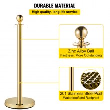 VEVOR Set of 2 Gold Round Top Queue Control Barrier Posts Stands Security Stanchion Rope Divider with 1.5M Red Rope Crowd Control Barrier Gold Round top Column