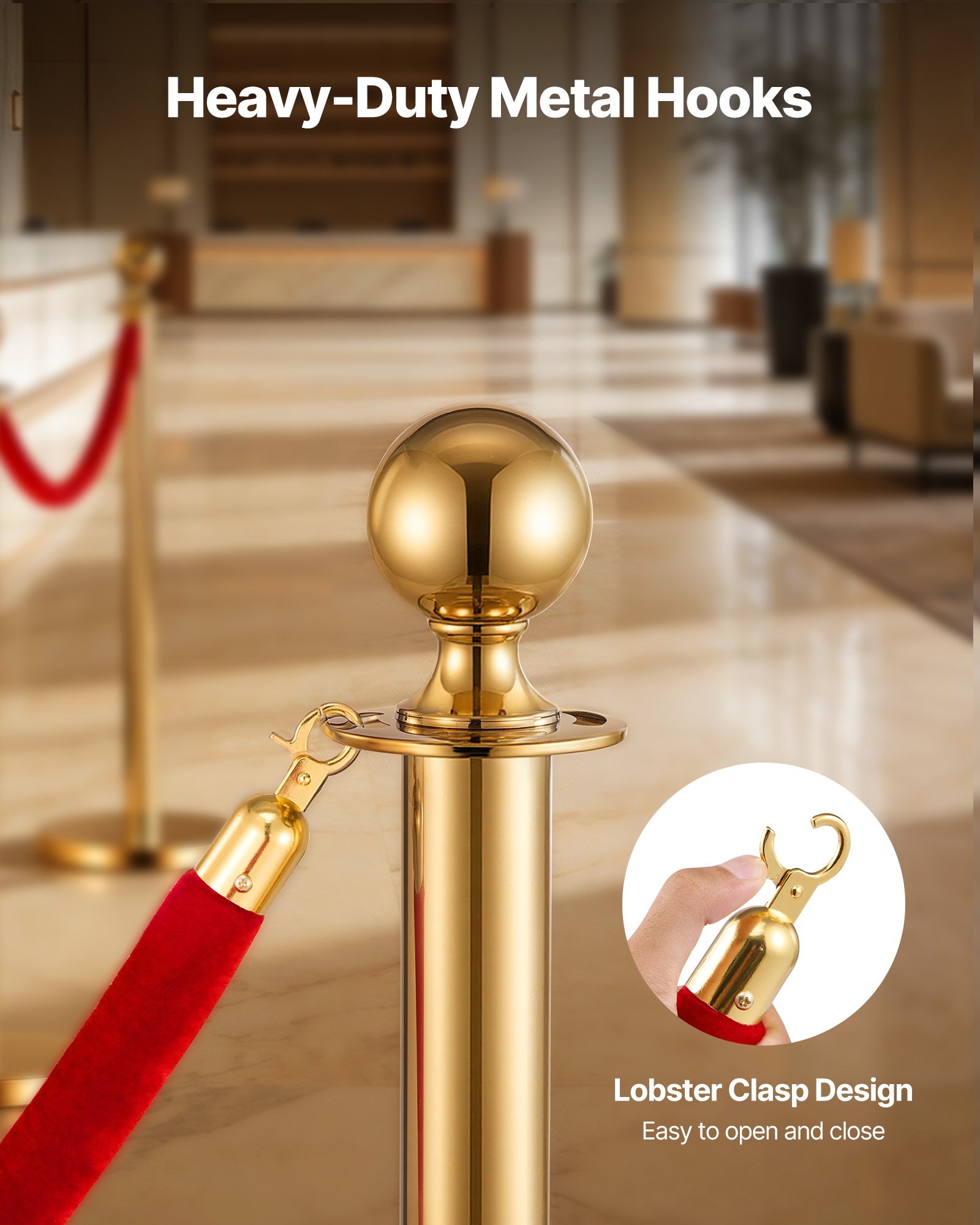 VEVOR 4 Pcs Red Velvet Stanchion Ropes, 1.5 m Crowd Control Stanchion Red Velvet Ropes with Gold Hooks, Post Queue Barrier Carpet Rope for Carpet Events Movie Theaters Grand Openings Hotels Party