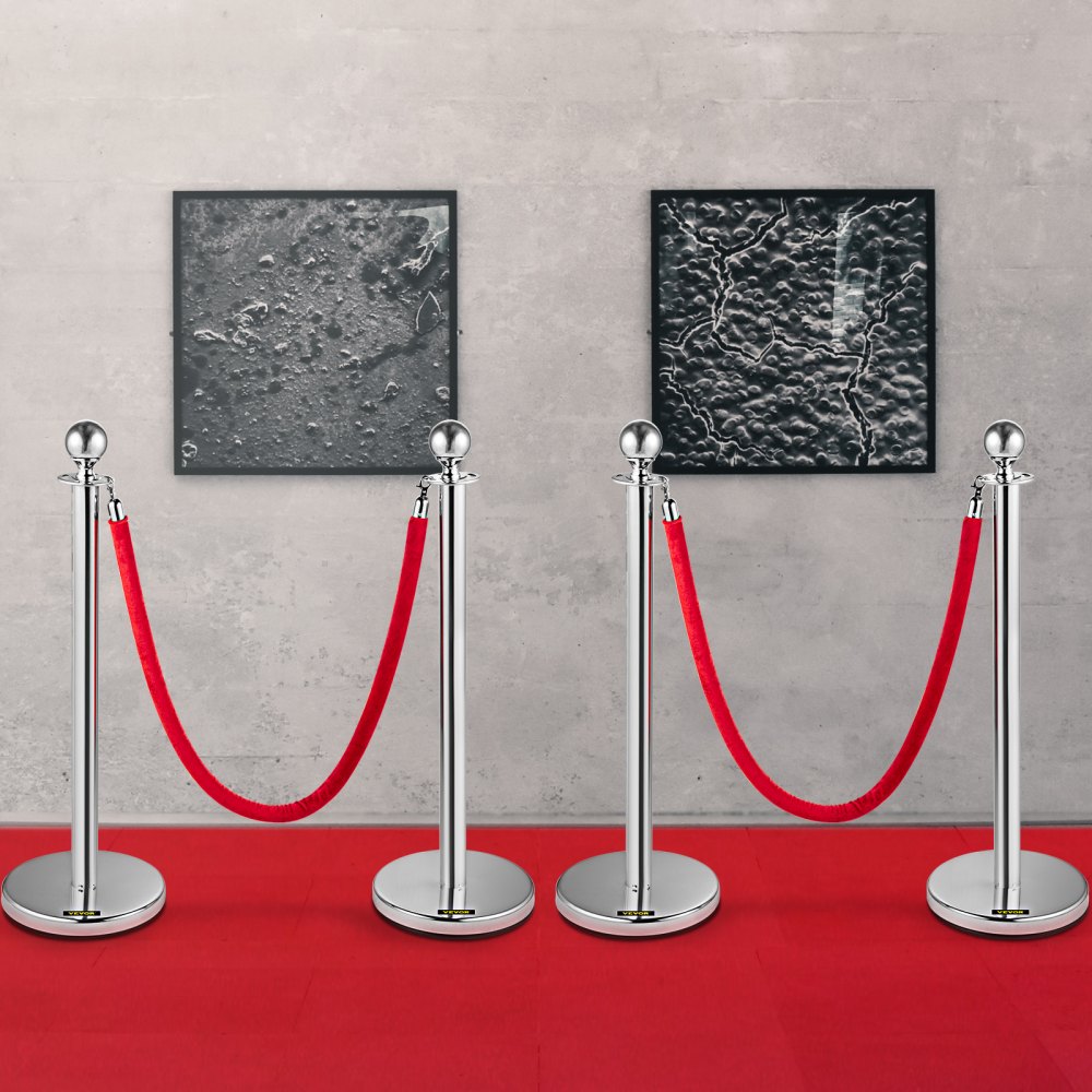 VEVOR Retractable Silver Round Top Queue Control Barrier Posts Stands Security Stanchion Rope Divider with 1.5M Red Rope Crowd Control Barrier Silver Round top Column