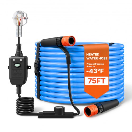 VEVOR verwarmde waterslang voor campers, 22,86 m drinkwaterslang voor drinken, wassen en douchen, met thermostaat, vorstbestendig tot -43 °C, aardlekschakelaar (RCD), glad oppervlak, binnendiameter 12,7 mm