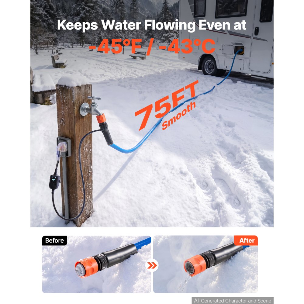 VEVOR verwarmde waterslang voor campers, 22,86 m drinkwaterslang voor drinken, wassen en douchen, met thermostaat, vorstbestendig tot -43 °C, aardlekschakelaar (RCD), glad oppervlak, binnendiameter 12,7 mm