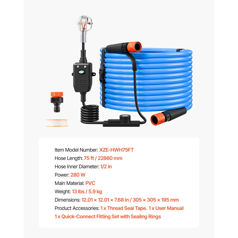 VEVOR verwarmde waterslang voor campers, 22,86 m drinkwaterslang voor drinken, wassen en douchen, met thermostaat, vorstbestendig tot -43 °C, aardlekschakelaar (RCD), glad oppervlak, binnendiameter 12,7 mm