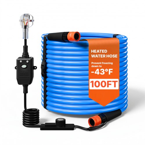 VEVOR Verwarmde Waterslang voor Campers, 30,48 m Drinkwaterslang, Blauw, voor Drinkwater, Wassen, Douchen, met Thermostaat, -43 °C Vorstbestendig, Aardlekschakelaar (RCD), Glad oppervlak, 12,7 mm Binnendiameter