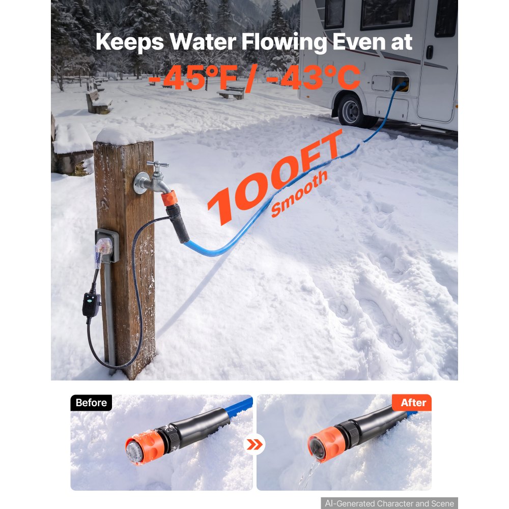 VEVOR Verwarmde Waterslang voor Campers, 30,48 m Drinkwaterslang, Blauw, voor Drinkwater, Wassen, Douchen, met Thermostaat, -43 °C Vorstbestendig, Aardlekschakelaar (RCD), Glad oppervlak, 12,7 mm Binnendiameter