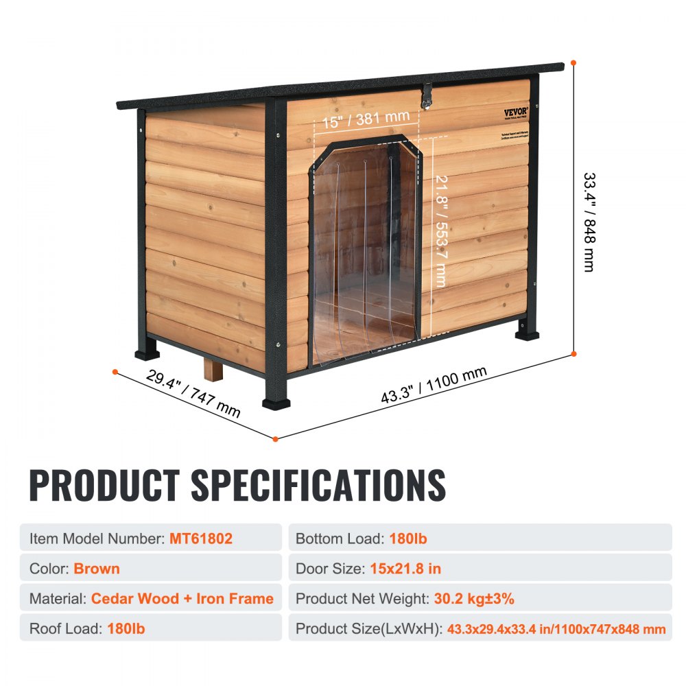 VEVOR Outdoor Dog House, Waterproof Insulated Dog House with Elevated Floor, Anti-Bite Wood Dog House Outdoor Iron Frame, Open Roof, for Medium to Large Dogs