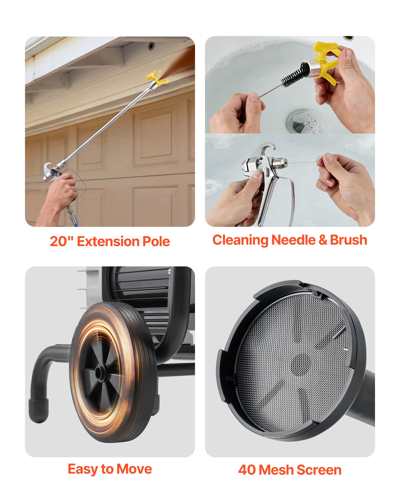 VEVOR Diaphragm Airless Paint Sprayer, 1100 W Efficient Cart Airless Paint Sprayer, 2200 psi High Pressure, with Extension Pole, Cleaning Needle and Brush, for Home Interior and Exterior Spraying