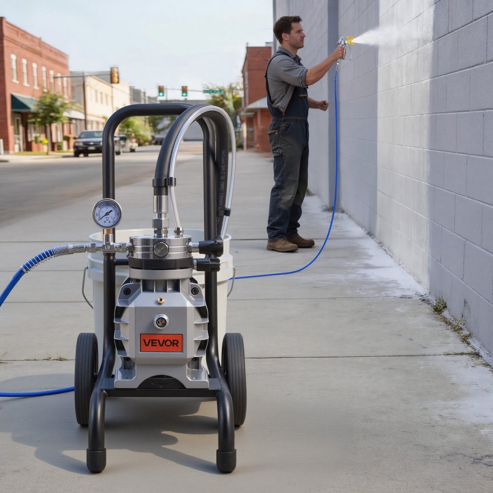VEVOR Membraan Airless Verfspuit 1500 W, Verrijdbare Verfspuit met 19,31 MPa Hogedruk, 10 m Hogedrukslang, Reinigingsnaald en Borstel, voor Doe-het-zelf Spuitwerk Binnen en Buiten