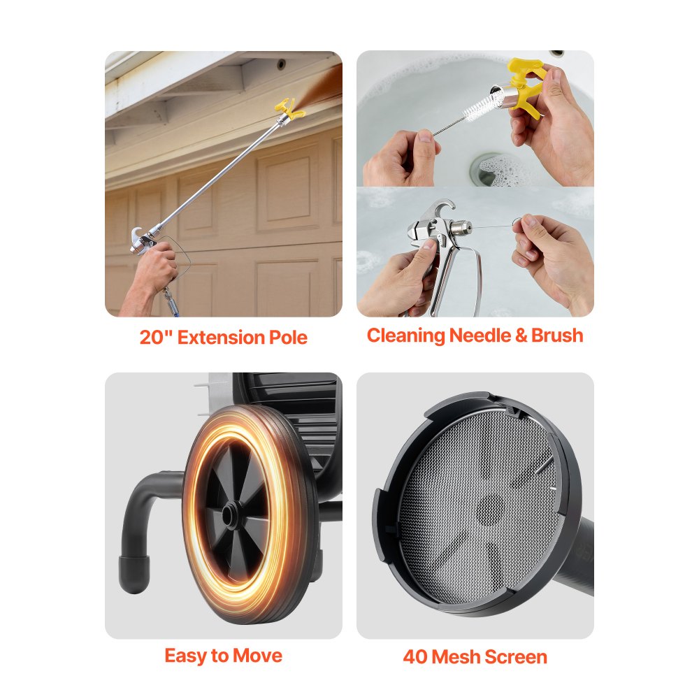 VEVOR Diaphragm Airless Paint Sprayer, 1800 W Efficient Cart Airless Paint Sprayer, 3300 psi High Pressure, with Extension Pole, Cleaning Needle and Brush, for Home Interior and Exterior Spraying