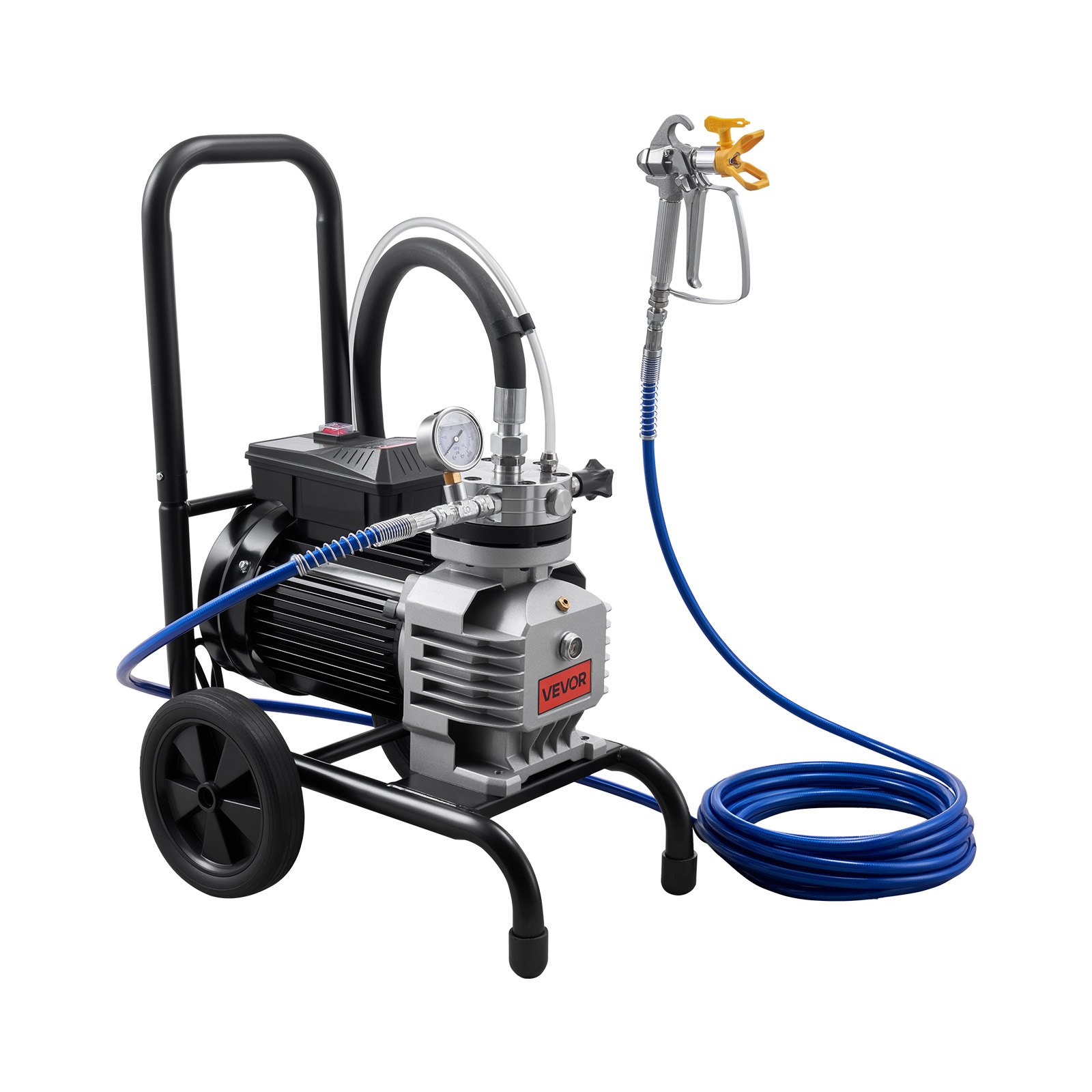 VEVOR Membraan Airless Verfspuit 1800 W, Verrijdbare Verfspuit met 22,75 MPa Hogedruk, 10 m Hogedrukslang, Reinigingsnaald en Borstel, voor Doe-het-zelf Spuitwerk Binnen en Buiten