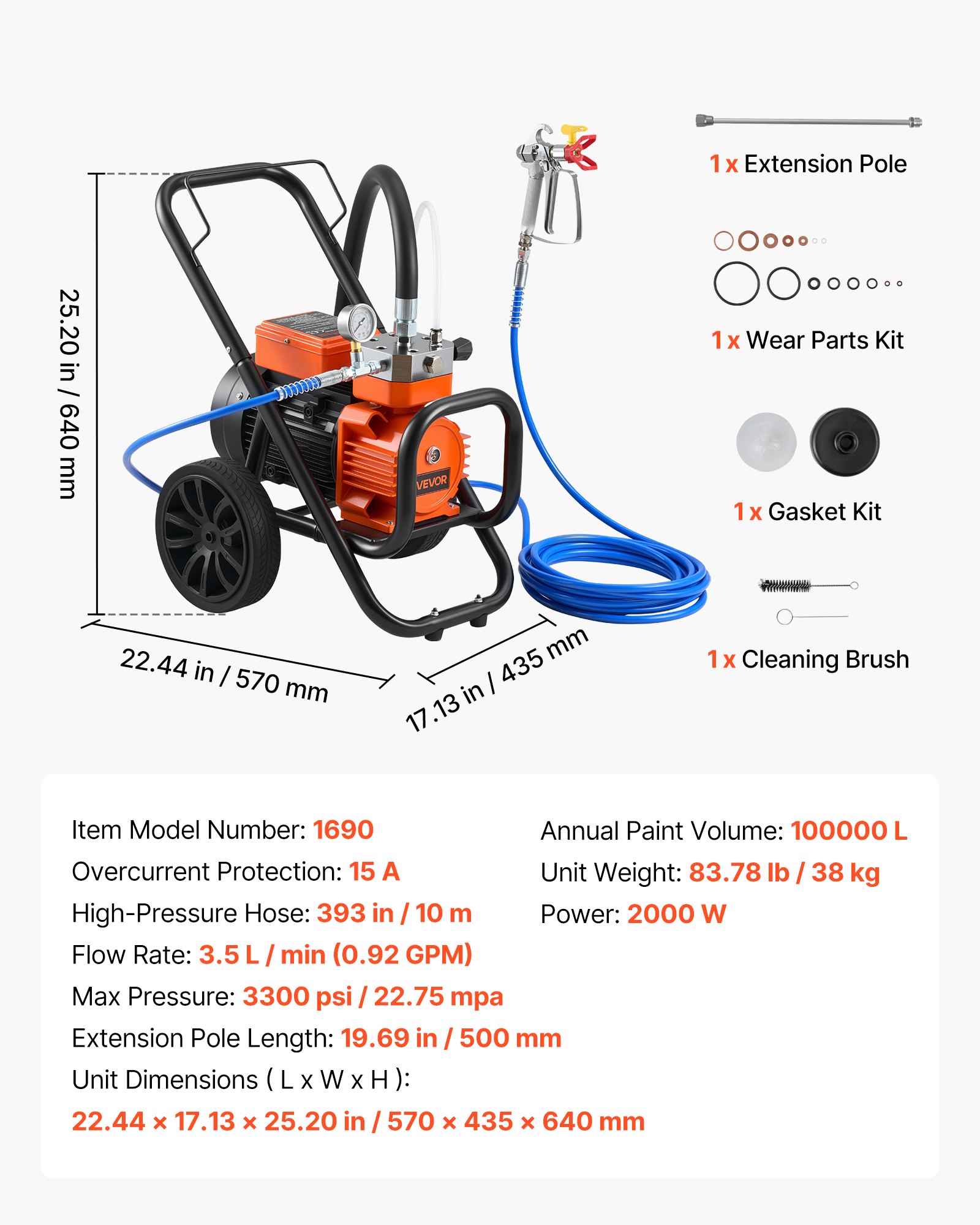 VEVOR Membraan Airless Verfspuit 2000 W, Verrijdbare Verfspuit met 22,75 MPa Hogedruk, 10 m Hogedrukslang, Reinigingsnaald en Borstel, voor Doe-het-zelf Spuitwerk Binnen en Buiten