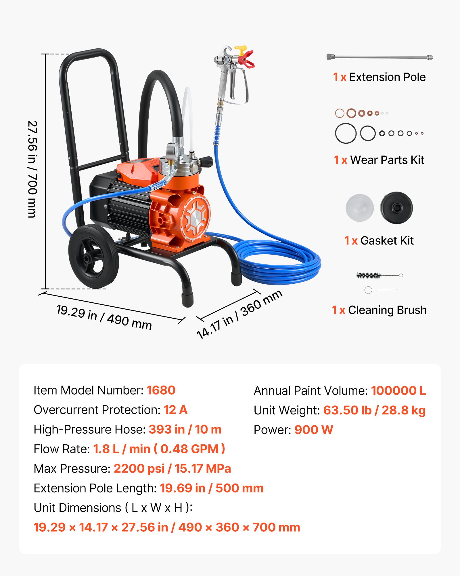 VEVOR Membraan Airless Verfspuit 900 W, Verrijdbare Verfspuit met 15,17 MPa Hogedruk, 10 m Hogedrukslang, Reinigingsnaald en Borstel, voor Doe-het-zelf Spuitwerk Binnen en Buiten