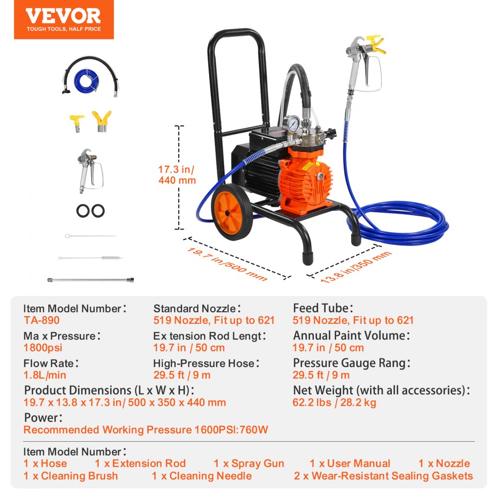 VEVOR Airless verfspuit met membraan, 900W efficiënte airless verfspuit met kar, 1800 psi airless verfspuit, met verlengstok, 1,8 l/min hogedruk airless verfspuitsysteem