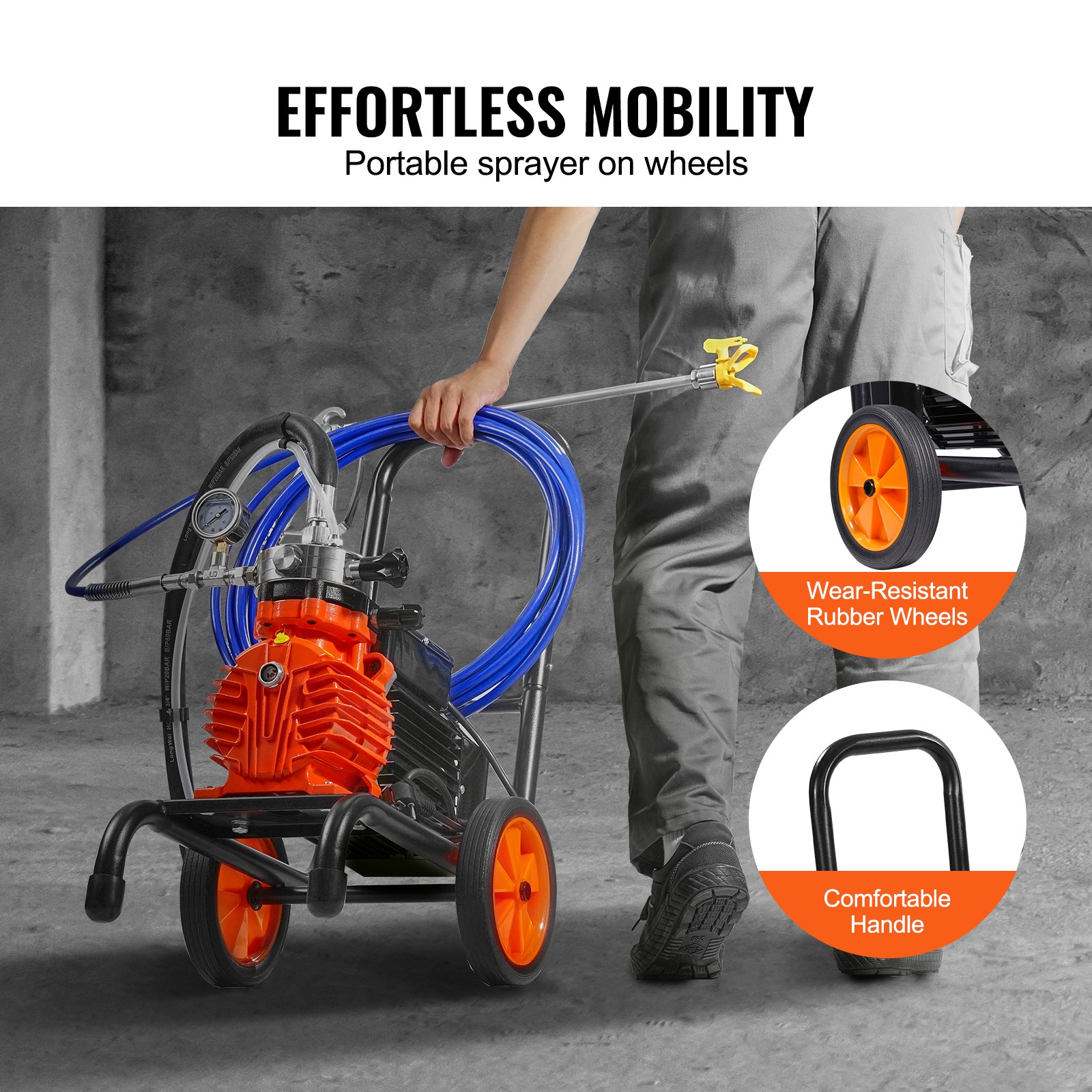 VEVOR Airless verfspuit met membraan, 900W efficiënte airless verfspuit met kar, 1800 psi airless verfspuit, met verlengstok, 1,8 l/min hogedruk airless verfspuitsysteem