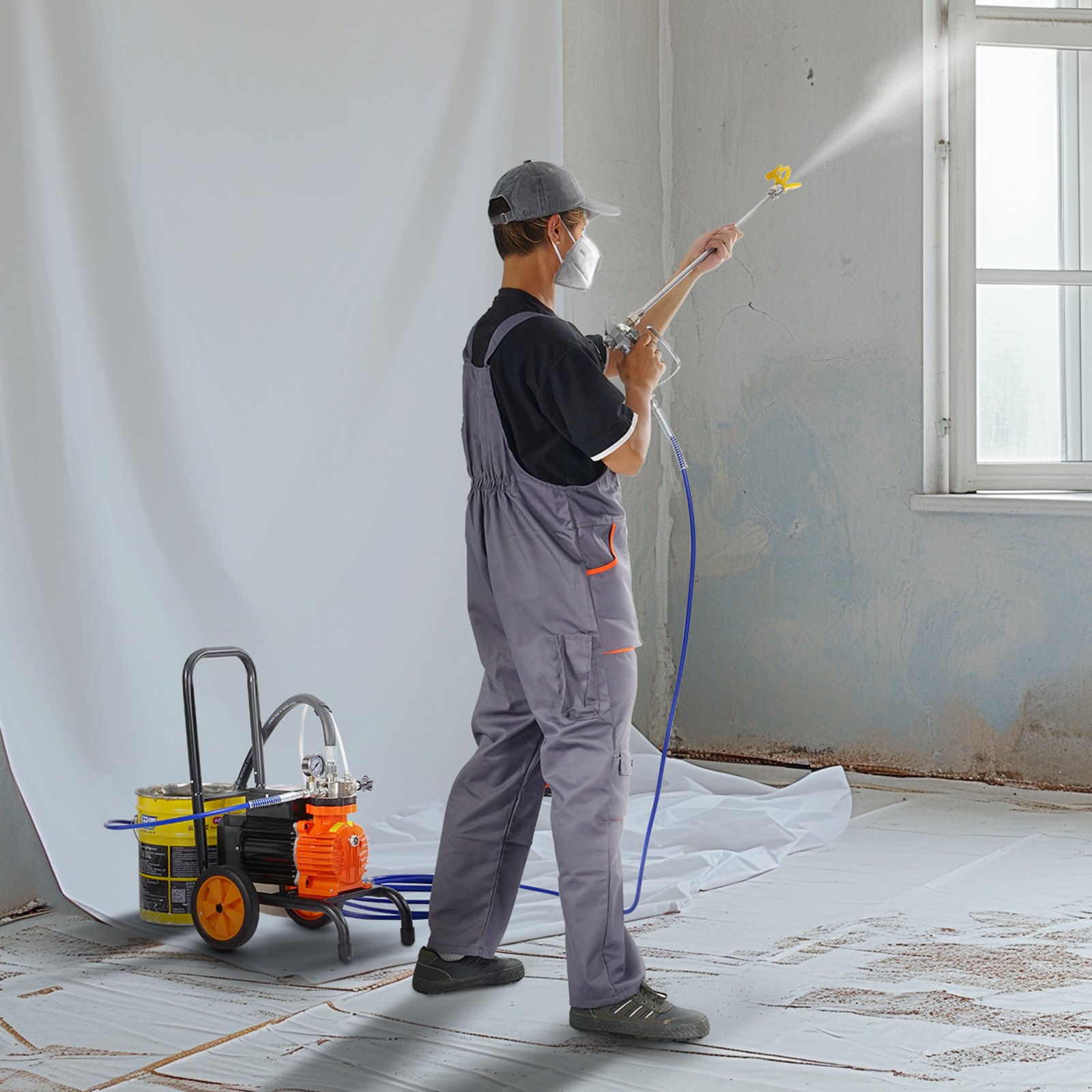 VEVOR Airless verfspuit met membraan, 900W efficiënte airless verfspuit met kar, 1800 psi airless verfspuit, met verlengstok, 1,8 l/min hogedruk airless verfspuitsysteem