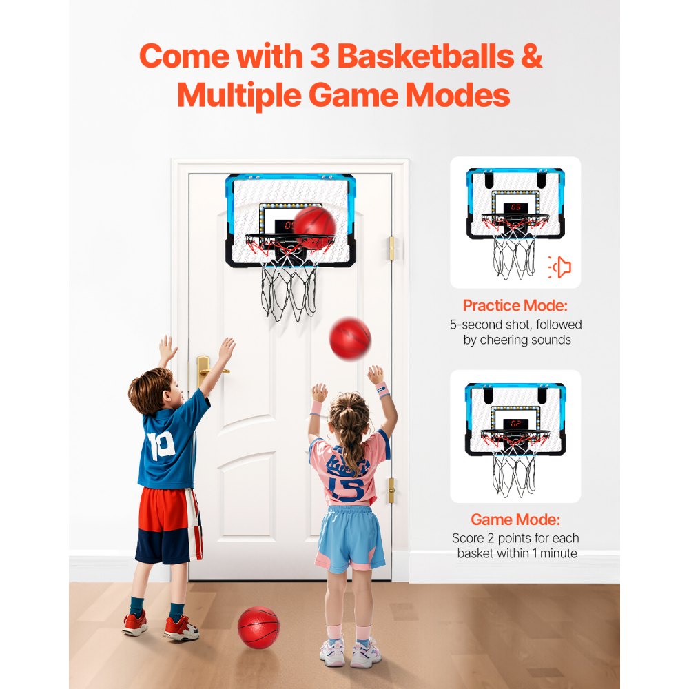 VEVOR Kids Basketball Hoop, Mini Basketball Goal with Electronic Scoreboard, Over The Door Basketball Hoop with Scoring & Music Accompaniment Functions, LED Light, Indoor Basketball Hoop for Kids 3+