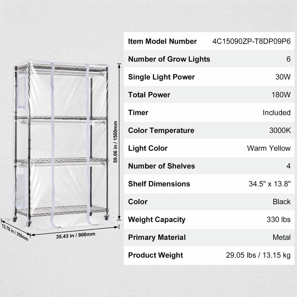 VEVOR plantenstandaard met kweeklamp, 4-laags 180W LED kweeklamprek met afdekking en timer, 3-spectrumlamp, draagbare kaskast, plantenrek voor zaadkieming, 90x35x150cm