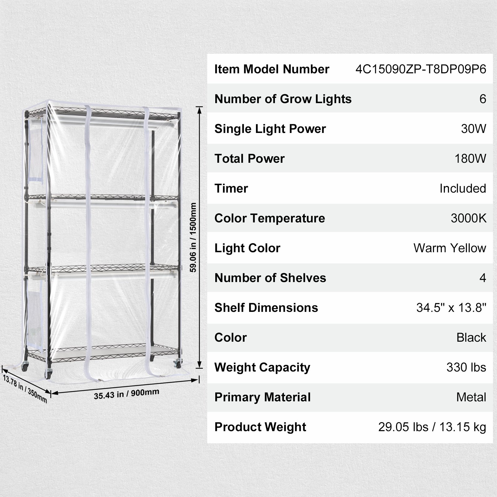 VEVOR Indoor Greenhouse with Grow Light, 4 Tiers, 180W LED Grow Light Shelf with Cover & Timer, 3 Spectrum Light Portable Greenhouse Cabinet Plant Stand for Seed Starting 35.4" x 13.8" x 59.1"