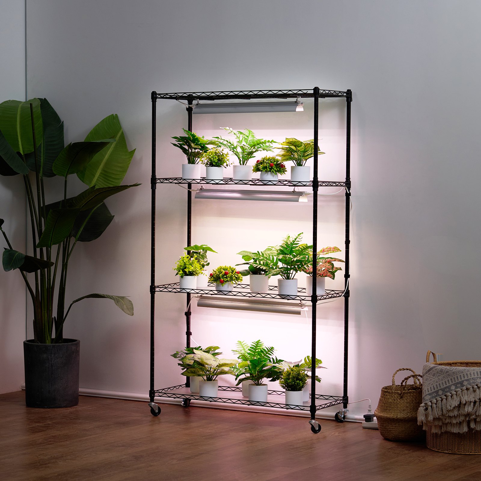VEVOR plantenstandaard met kweeklamp, 4-laags 90W kweeklamprek voor binnen, lampen met volledig spectrum, verstelbare plantenplank, kweekrek voor tuinplanten, 90 x 35 x 150 cm