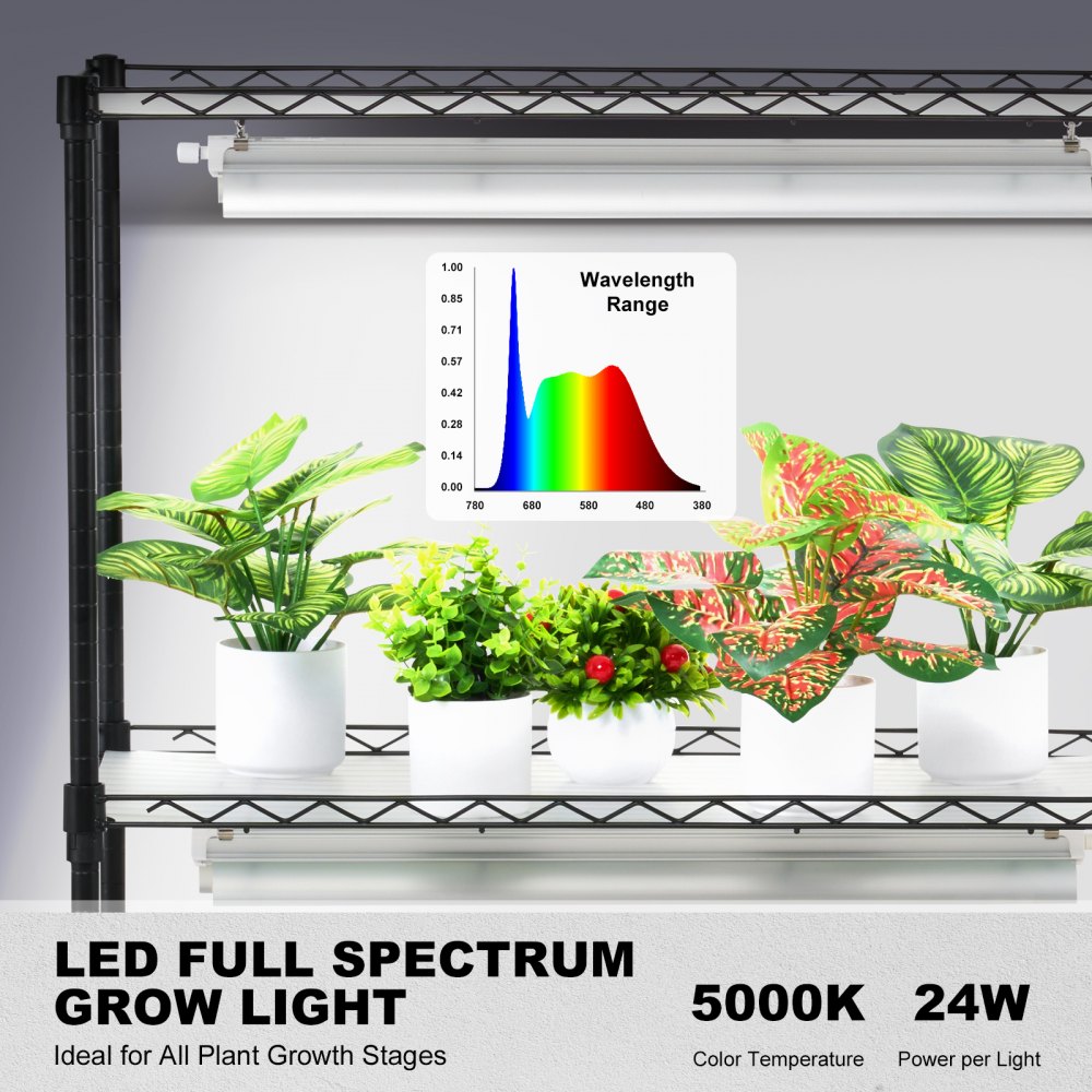 VEVOR plantenstandaard met kweeklamp, 6-laags 192W DIY metalen plantenrek met kweeklamp, plank met verstelbaar frame en wielen voor zaadkieming, 75 x 35 x 180 cm