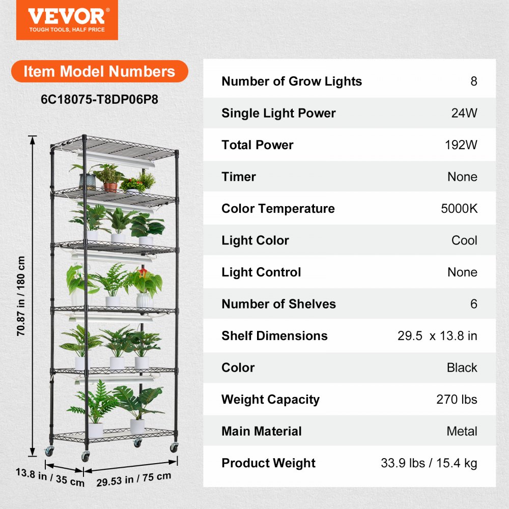 VEVOR plantenstandaard met kweeklamp, 6-laags 192W DIY metalen plantenrek met kweeklamp, plank met verstelbaar frame en wielen voor zaadkieming, 75 x 35 x 180 cm