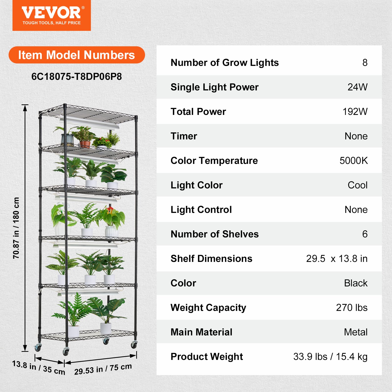 VEVOR plantenstandaard met kweeklamp, 6-laags 192W DIY metalen plantenrek met kweeklamp, plank met verstelbaar frame en wielen voor zaadkieming, 75 x 35 x 180 cm
