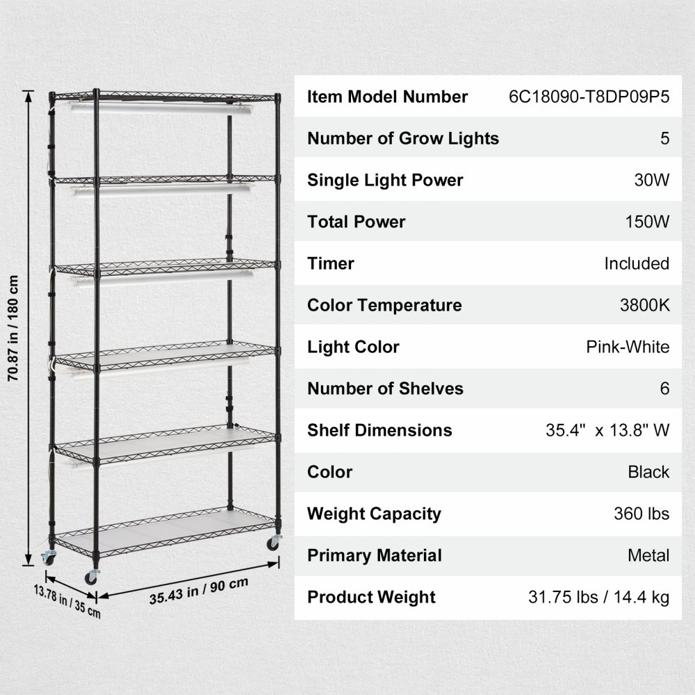 VEVOR plantenstandaard met kweeklamp, 6-laags 150W kweeklamprek met 3 lichtspectrumstanden, stalen plantenrek met timer, kweekrek voor tuinplanten, 90 x 35 x 180 cm