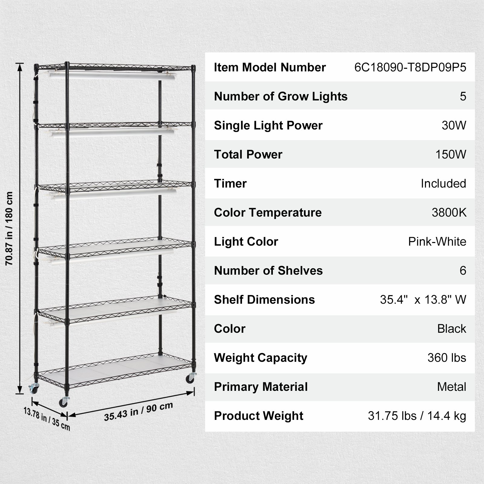 VEVOR plantenstandaard met kweeklamp, 6-laags 150W kweeklamprek met 3 lichtspectrumstanden, stalen plantenrek met timer, kweekrek voor tuinplanten, 90 x 35 x 180 cm