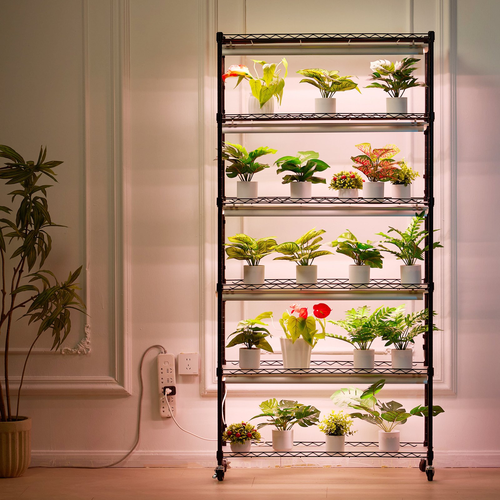 VEVOR plantenstandaard met kweeklamp, 6-laags 150W kweeklamprek met 3 lichtspectrumstanden, stalen plantenrek met timer, kweekrek voor tuinplanten, 90 x 35 x 180 cm