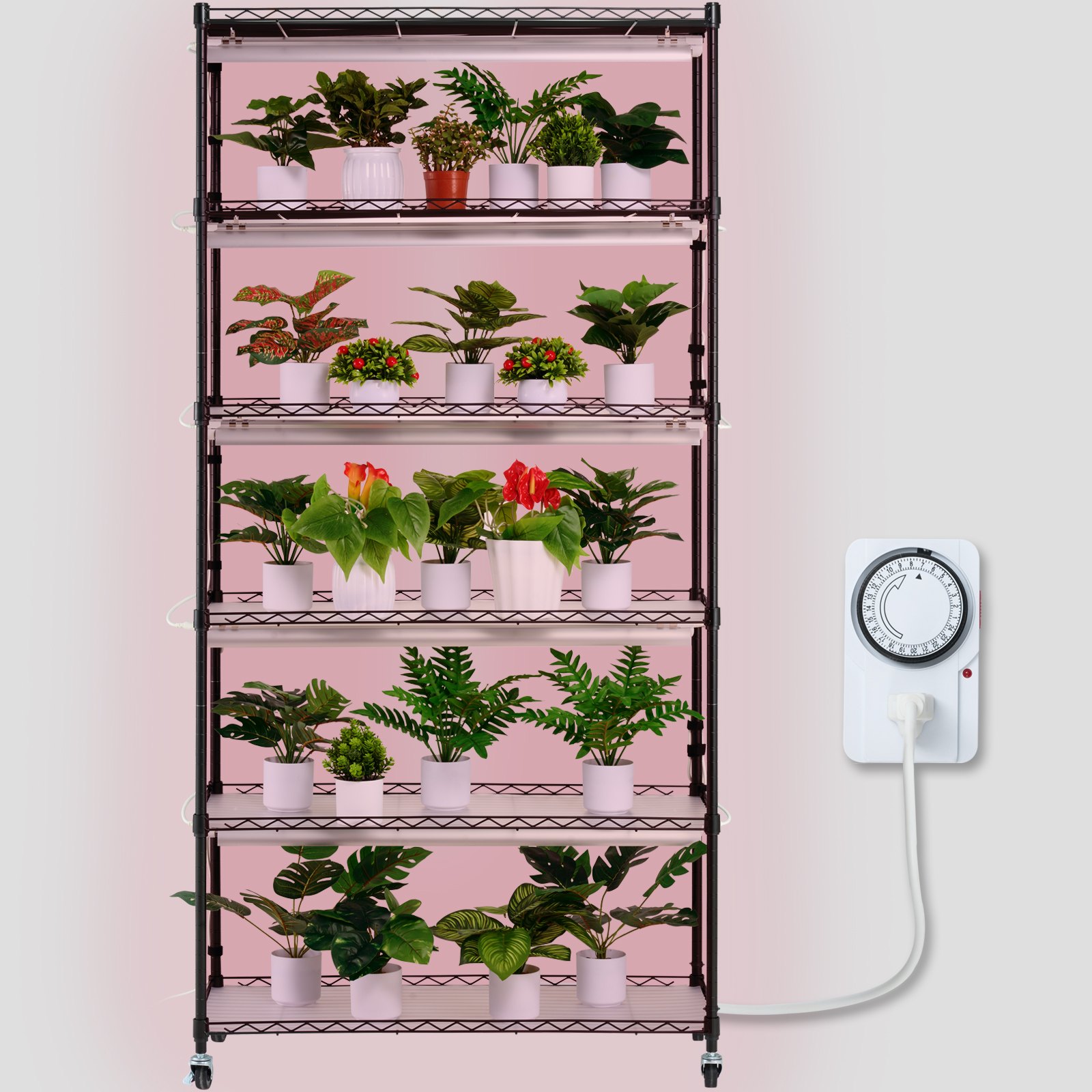 VEVOR plantenstandaard met kweeklamp, 6-laags 150W kweeklamprek met 3 lichtspectrumstanden, stalen plantenrek met timer, kweekrek voor tuinplanten, 90 x 35 x 180 cm