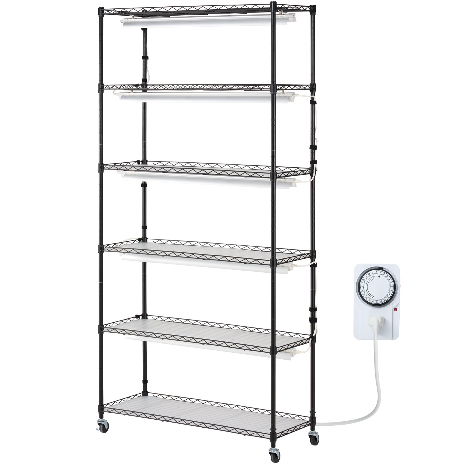 VEVOR plantenstandaard met kweeklamp, 6-laags 150W kweeklamprek met 3 lichtspectrumstanden, stalen plantenrek met timer, kweekrek voor tuinplanten, 90 x 35 x 180 cm