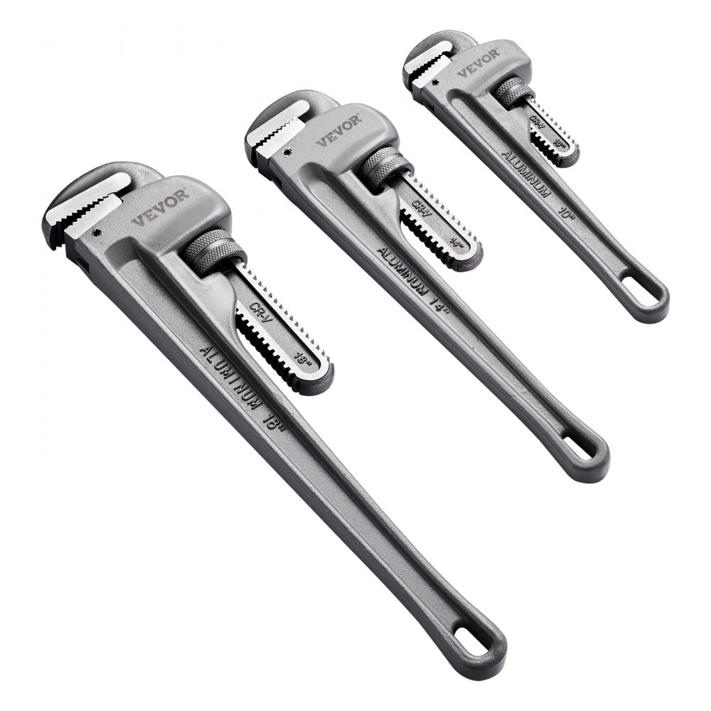 VEVOR pipe wrench set includes three aluminum pipe wrenches of different sizes.