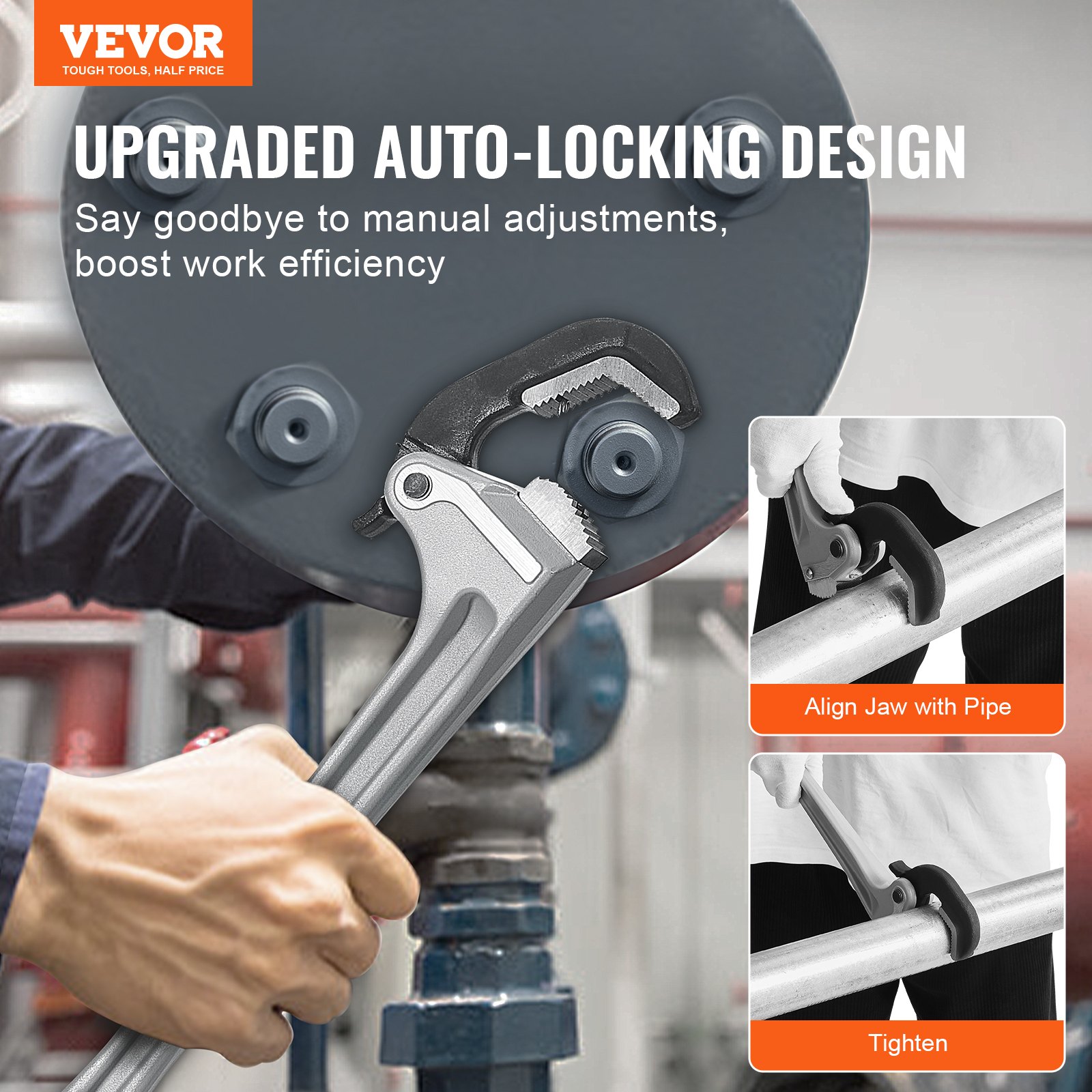 VEVOR Pijpsleutel, 18-inch rechte aluminium pijpsleutel, automatische bekverstelling, verstelbare loodgieterssleutel, gemakkelijk mee te nemen, ergonomische handgreep, ophangbaar ontwerp, voor waterleidingen, autoreparaties