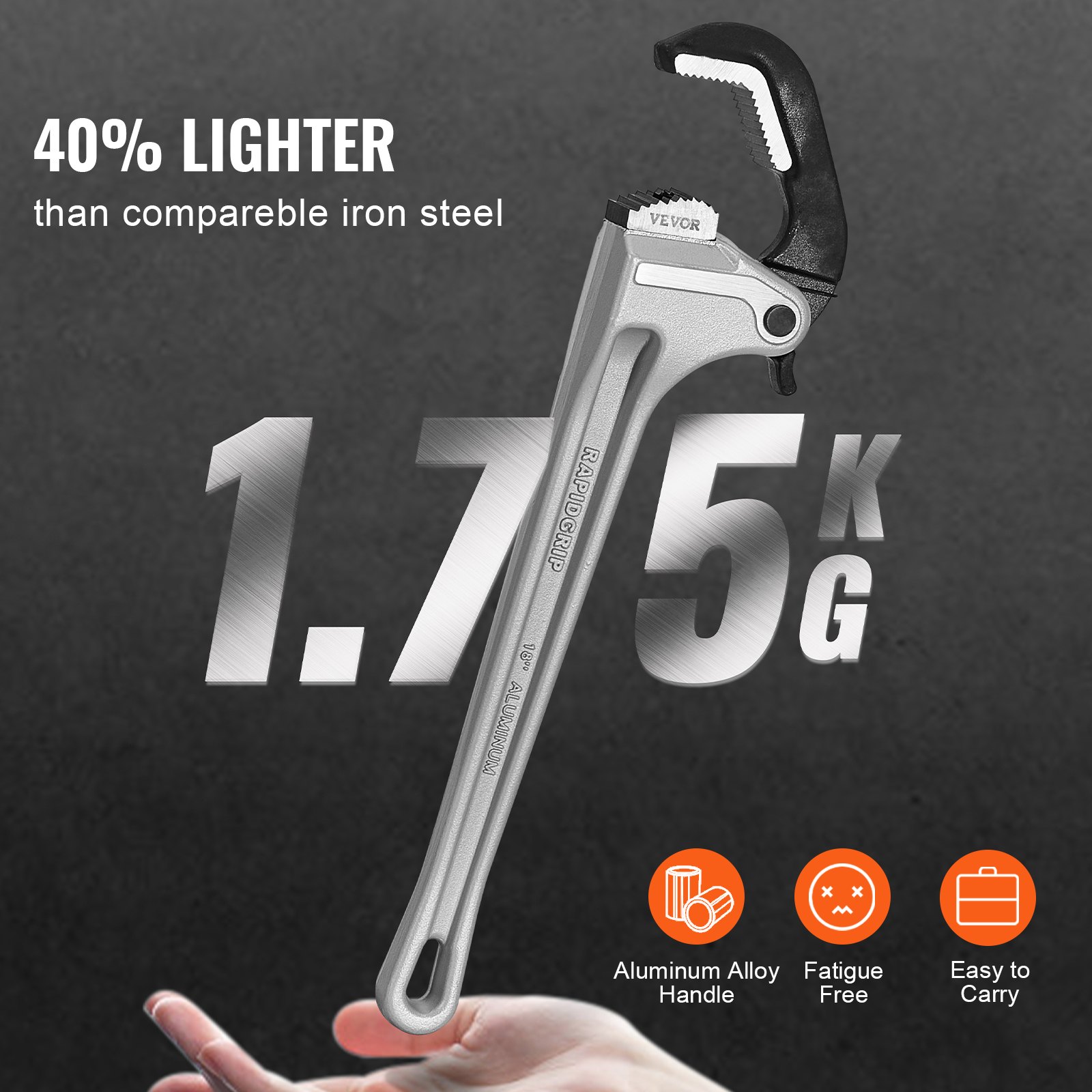 VEVOR Pijpsleutel, 18-inch rechte aluminium pijpsleutel, automatische bekverstelling, verstelbare loodgieterssleutel, gemakkelijk mee te nemen, ergonomische handgreep, ophangbaar ontwerp, voor waterleidingen, autoreparaties