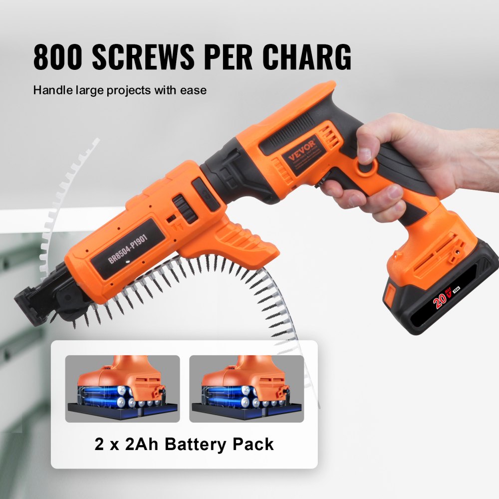 VEVOR Gipsplaatschroevendraaier met automatische voeding, max. 20 V. Gipsplaatschroevendraaier met magazijn, borstelloze 4200 tpm, draadloze gipsplaatschroevendraaierset met 2 accu's, oplader en riemclip.