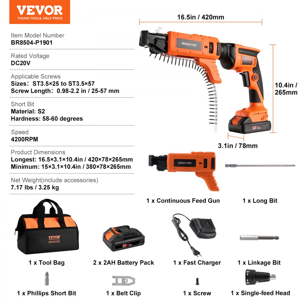 VEVOR Gipsplaatschroevendraaier met automatische voeding, max. 20 V. Gipsplaatschroevendraaier met magazijn, borstelloze 4200 tpm, draadloze gipsplaatschroevendraaierset met 2 accu's, oplader en riemclip.
