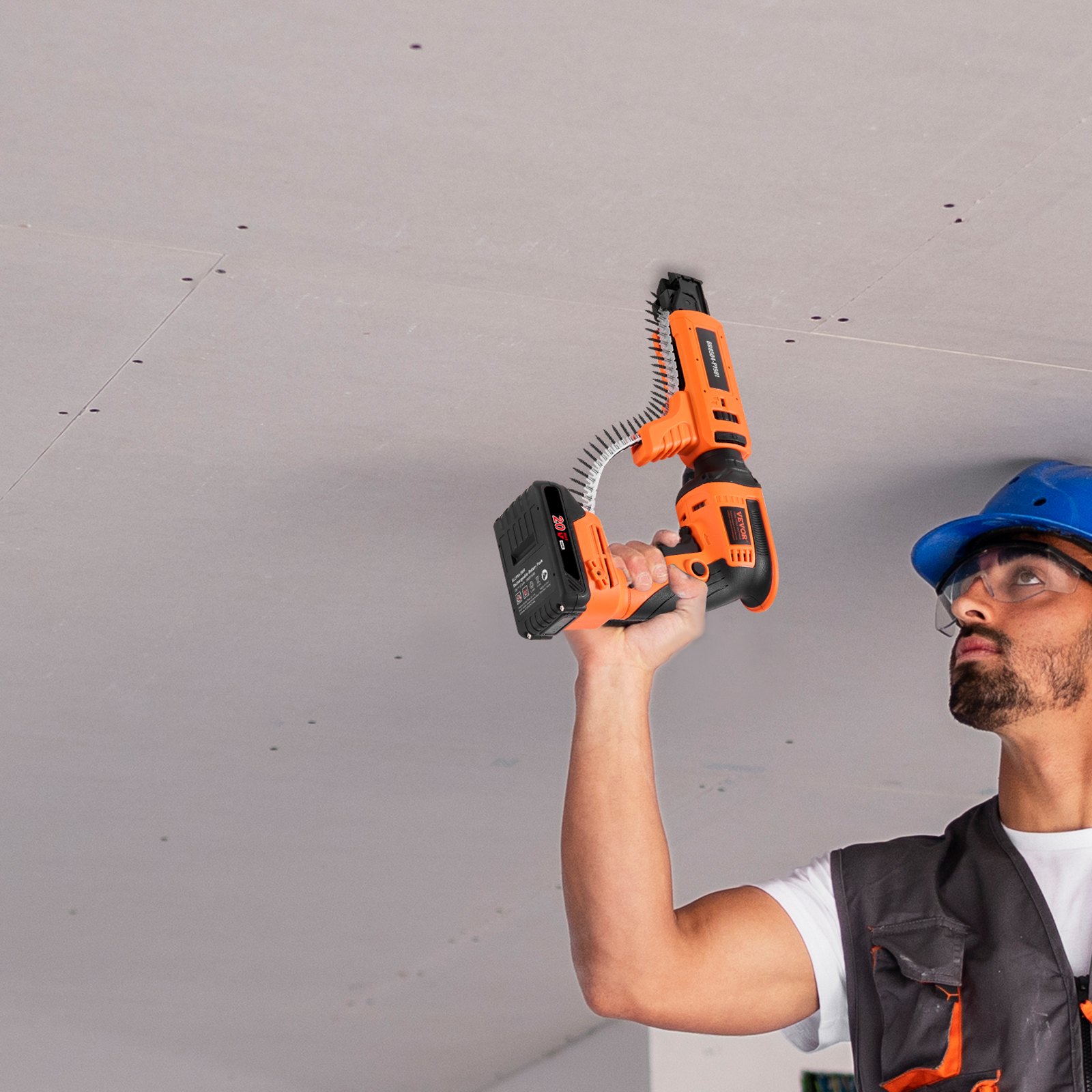 VEVOR Gipsplaatschroevendraaier met automatische voeding, max. 20 V. Gipsplaatschroevendraaier met magazijn, borstelloze 4200 tpm, draadloze gipsplaatschroevendraaierset met 2 accu's, oplader en riemclip.