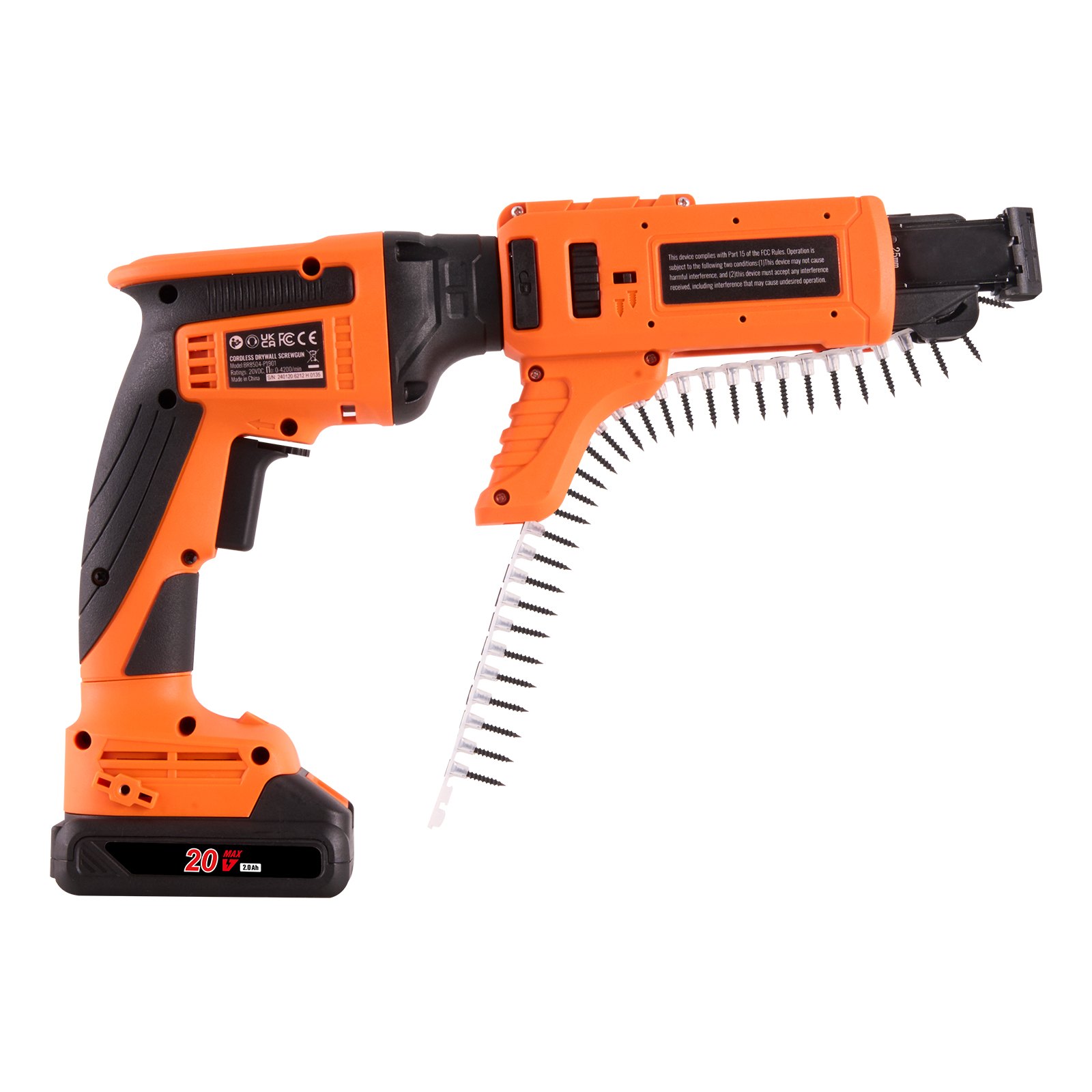 VEVOR Gipsplaatschroevendraaier met automatische voeding, max. 20 V. Gipsplaatschroevendraaier met magazijn, borstelloze 4200 tpm, draadloze gipsplaatschroevendraaierset met 2 accu's, oplader en riemclip.