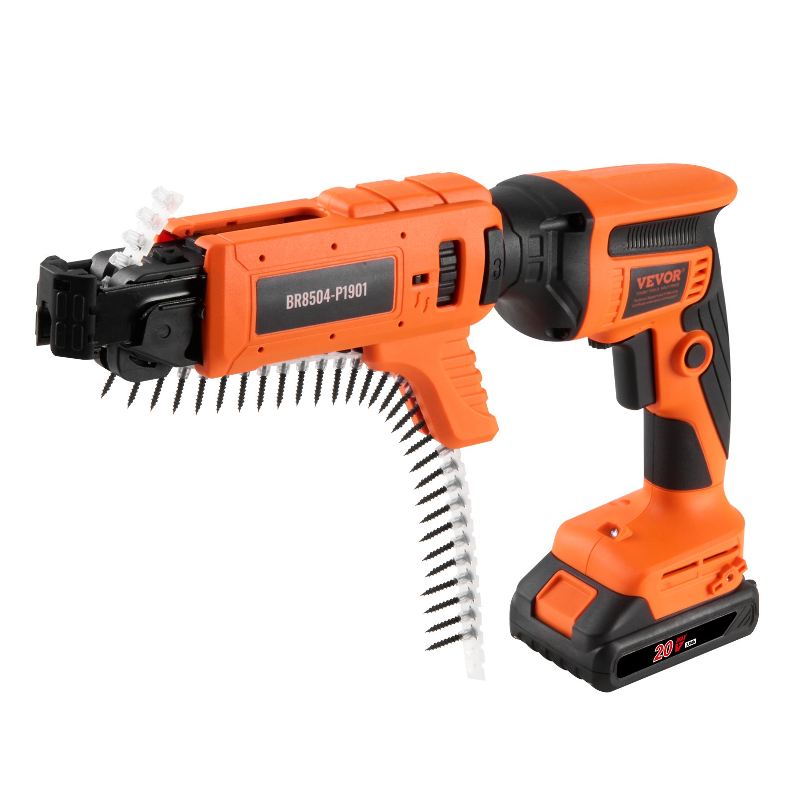 VEVOR Gipsplaatschroevendraaier met automatische voeding, max. 20 V. Gipsplaatschroevendraaier met magazijn, borstelloze 4200 tpm, draadloze gipsplaatschroevendraaierset met 2 accu's, oplader en riemclip.