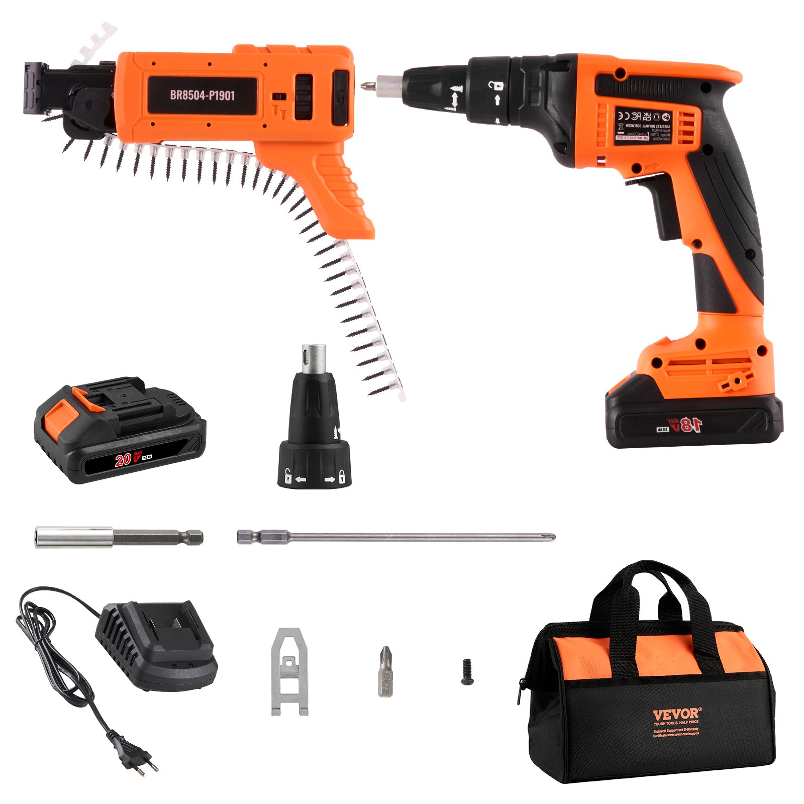 VEVOR Gipsplaatschroevendraaier met automatische voeding, max. 20 V. Gipsplaatschroevendraaier met magazijn, borstelloze 4200 tpm, draadloze gipsplaatschroevendraaierset met 2 accu's, oplader en riemclip.