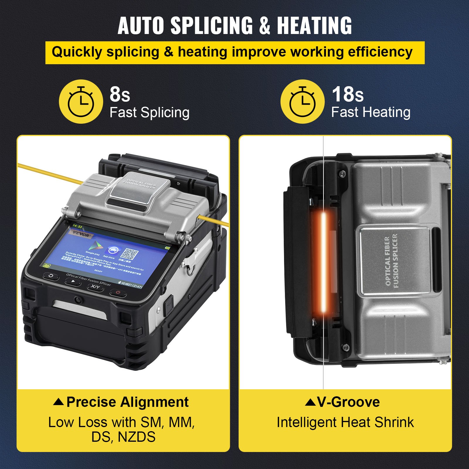 VEVOR AI-7 Fiber Fusion Splicer, 3 In 1 Fiber Holder, 8s Splicing 18s Heating Automatic Fiber Optic Welding Splicing Machine, SM MM Fiber Termination Tool Kit with 5.0 Inches Display for Railway